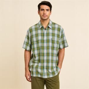 Timberland Linen Blend Plaid Short Sleeve Button Up Shirt Men’s Size XL